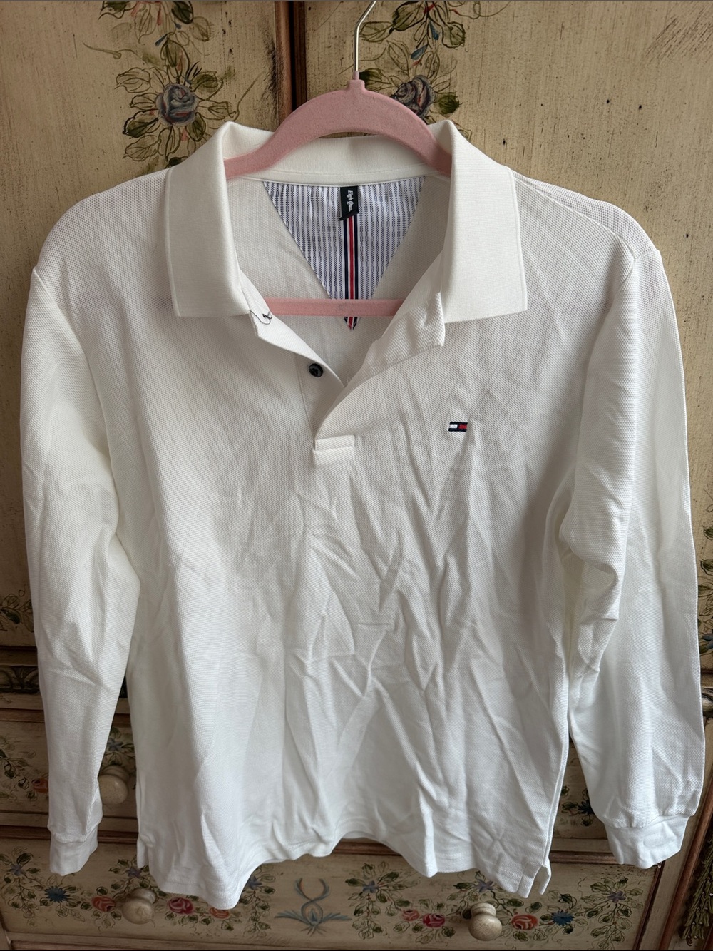 Tommy Hilfiger White Long-Sleeve Polo with Signature Flag